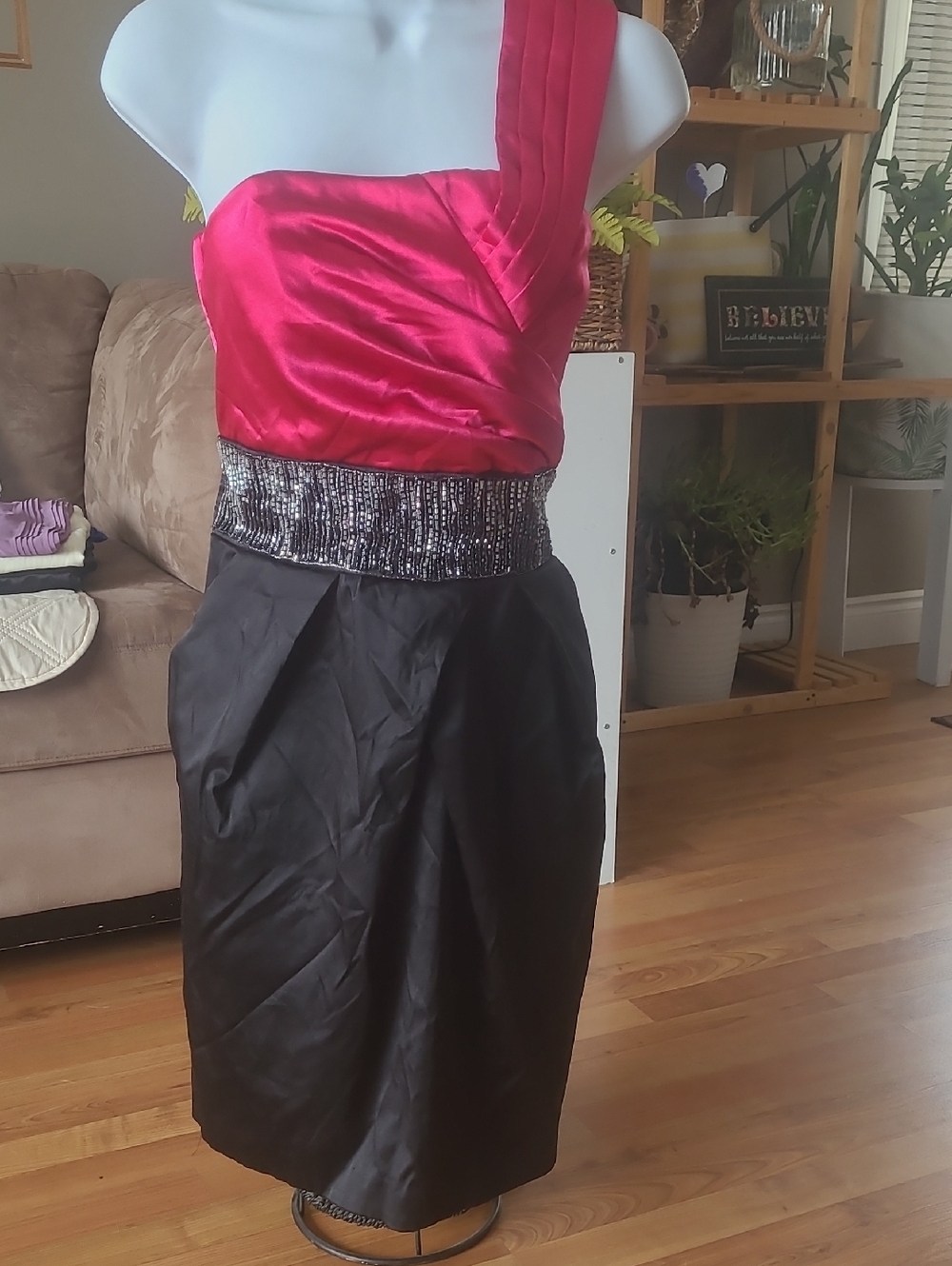Teeze Me One-Shoulder Backless Dress in Hot Pink and Black with Sequin Waist